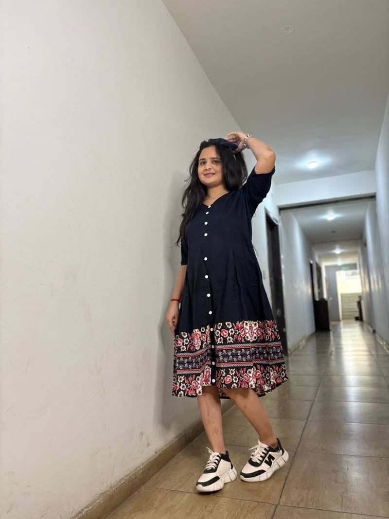 Black Floral Border Midi Dress for Women|Boho Printed Hem Dress|Trendy Ethnic Western Dress for Girls & Women