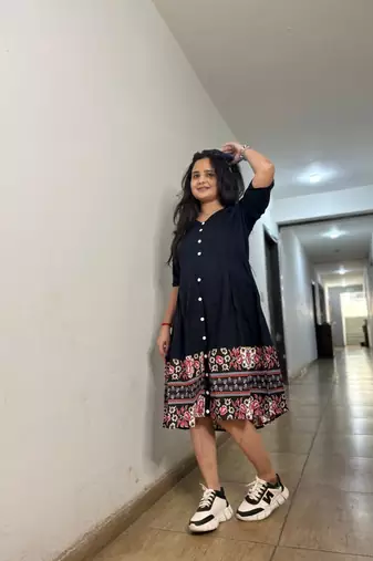 Black Floral Border Midi Dress for Women|Boho Printed Hem Dress|Trendy Ethnic Western Dress for Girls & Women