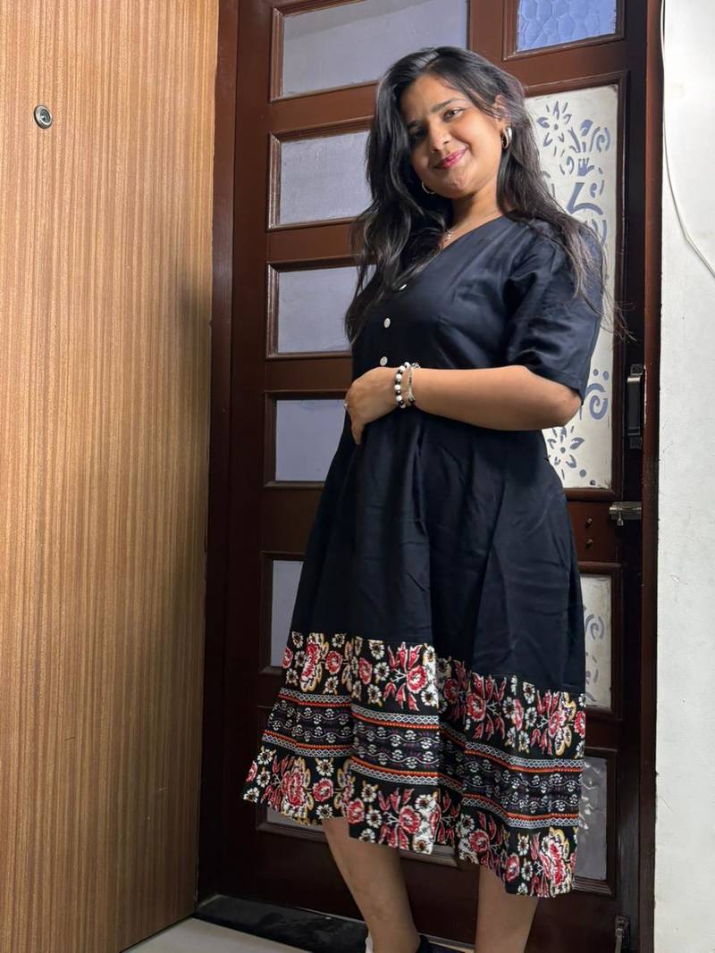 Black Floral Border Midi Dress for Women|Boho Printed Hem Dress|Trendy Ethnic Western Dress for Girls & Women