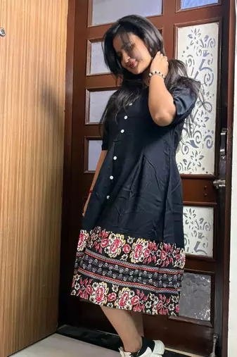 Black Floral Border Midi Dress for Women|Boho Printed Hem Dress|Trendy Ethnic Western Dress for Girls & Women