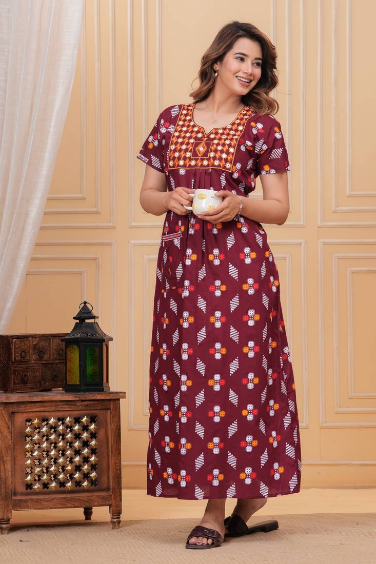 Women's Pure Cotton Rajasthani Printed Designer Embroidered Nighty For Casual Wear & Comfort Wear