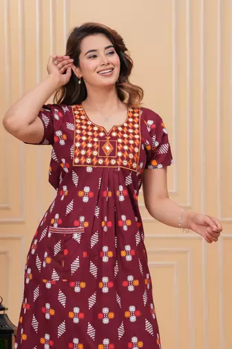 Women's Pure Cotton Rajasthani Printed Designer Embroidered Nighty For Casual Wear & Comfort Wear
