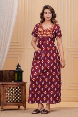 Women's Pure Cotton Rajasthani Printed Designer Embroidered Nighty For Casual Wear & Comfort Wear 3