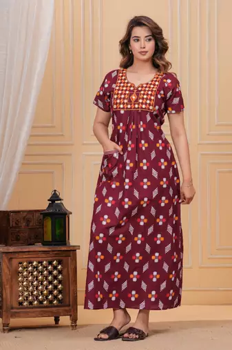 Women's Pure Cotton Rajasthani Printed Designer Embroidered Nighty For Casual Wear & Comfort Wear