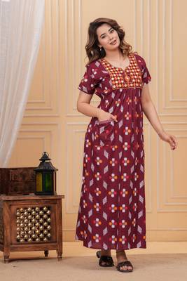 Women's Pure Cotton Rajasthani Printed Designer Embroidered Nighty For Casual Wear & Comfort Wear 4