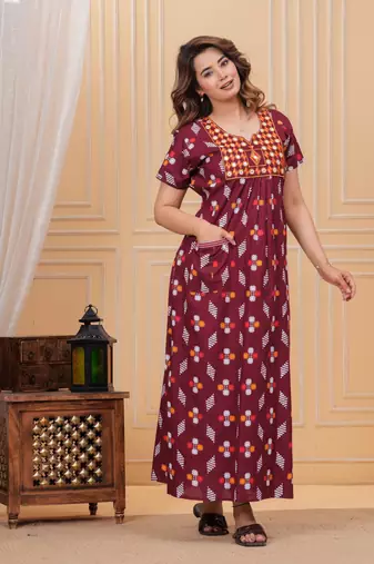 Women's Pure Cotton Rajasthani Printed Designer Embroidered Nighty For Casual Wear & Comfort Wear