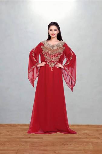Red Gold-Embellished Kaftan Abaya