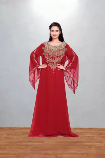 Red Gold-Embellished Kaftan Abaya