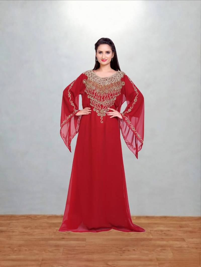 Red Gold-Embellished Kaftan Abaya