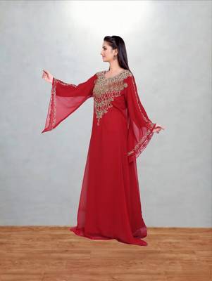 Red Gold-Embellished Kaftan Abaya 2