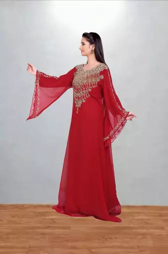 Red Gold-Embellished Kaftan Abaya
