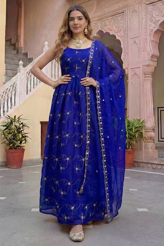 Designer royal blue organza embroidered anarkali suit set with dupatta for women