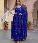 Designer royal blue organza embroidered anarkali suit set with dupatta for women