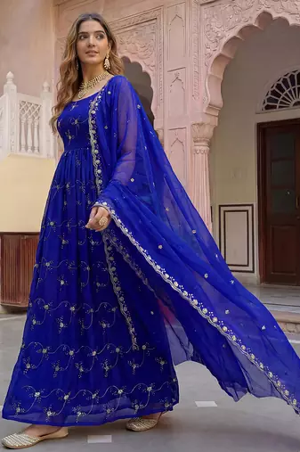 blue organza embroidered anarkali suit set with dupatta