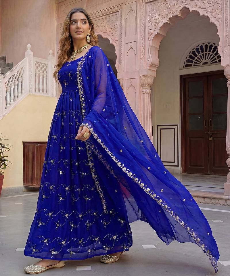 Designer royal blue organza embroidered anarkali suit set with dupatta for women