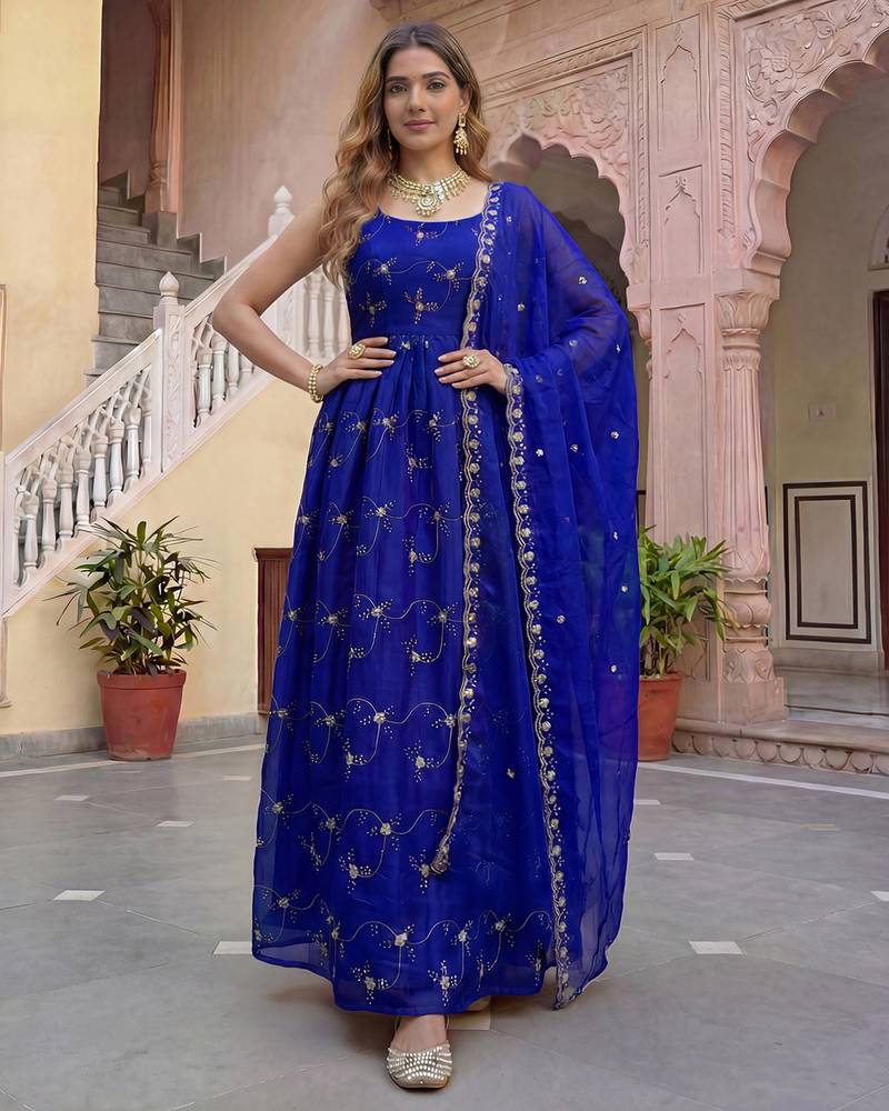 Designer royal blue organza embroidered anarkali suit set with dupatta for women