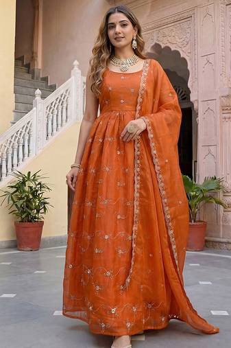 Designer rust orange organza embroidered anarkali suit set with dupatta for women