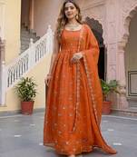 Designer rust orange organza embroidered anarkali suit set with dupatta for women