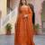 Designer rust orange organza embroidered anarkali suit set with dupatta for women