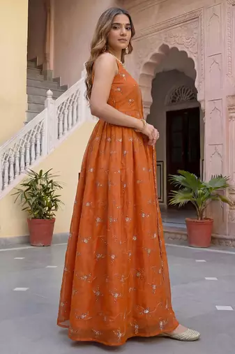 rust orange organza embroidered anarkali suit set with dupatta