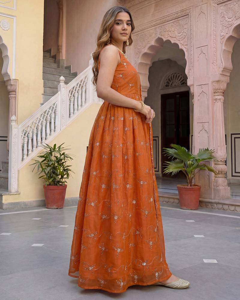 Designer rust orange organza embroidered anarkali suit set with dupatta for women