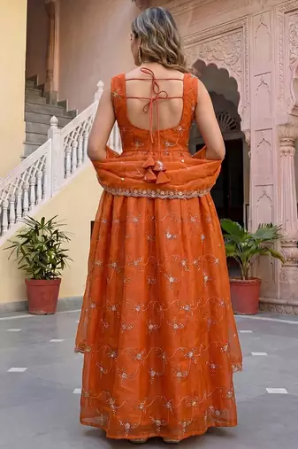 rust orange organza embroidered anarkali suit set with dupatta