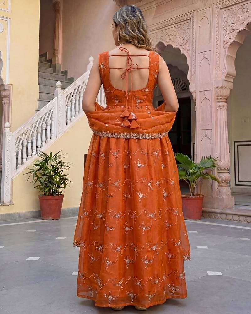 Designer rust orange organza embroidered anarkali suit set with dupatta for women