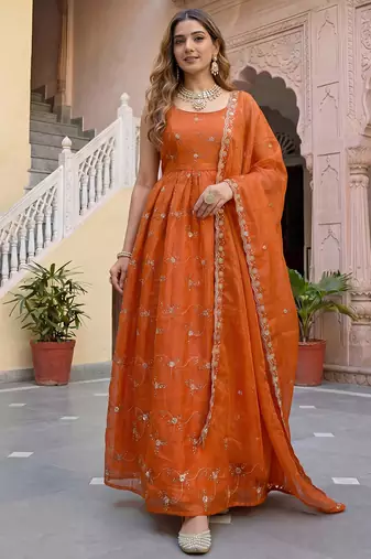 rust orange organza embroidered anarkali suit set with dupatta