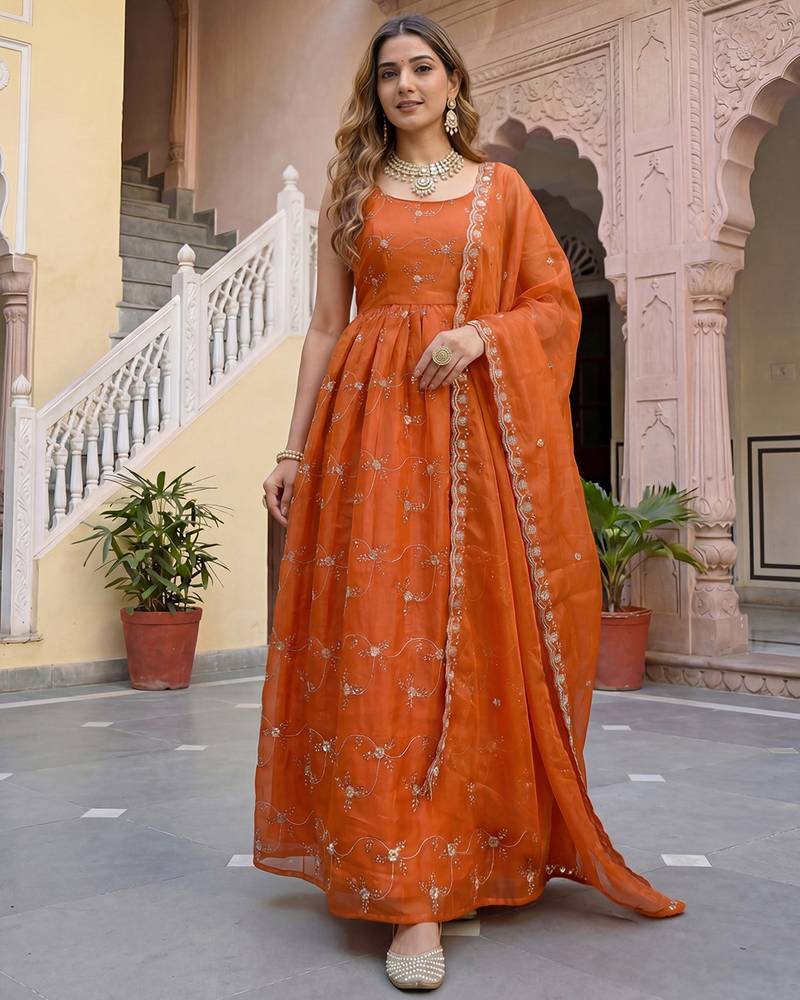 Designer rust orange organza embroidered anarkali suit set with dupatta for women