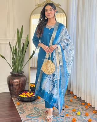 teal blue roman silk blend embroidered ethnic suit set with organza jacquard dupatta 1