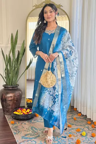 Designer teal blue roman silk embroidered ethnic suit set with organza jacquard buti dupatta