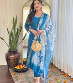 Designer teal blue roman silk embroidered ethnic suit set with organza jacquard buti dupatta