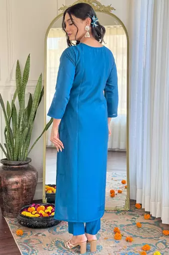 teal blue roman silk blend embroidered ethnic suit set with organza jacquard dupatta