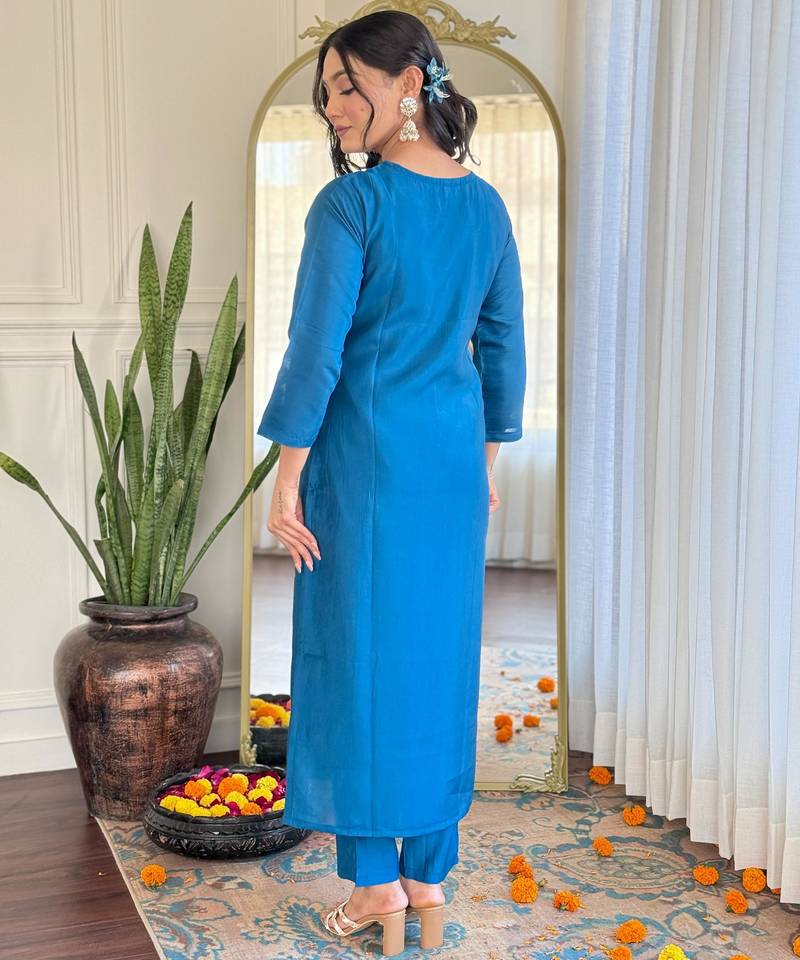 Designer teal blue roman silk embroidered ethnic suit set with organza jacquard buti dupatta