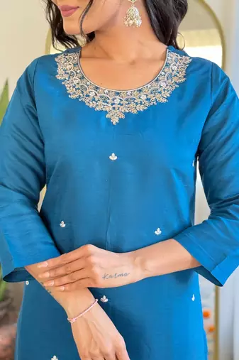 teal blue roman silk blend embroidered ethnic suit set with organza jacquard dupatta
