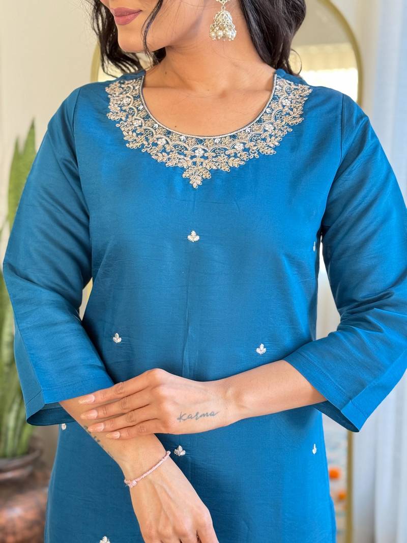 Designer teal blue roman silk embroidered ethnic suit set with organza jacquard buti dupatta