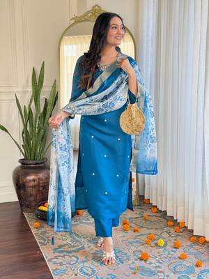 teal blue roman silk blend embroidered ethnic suit set with organza jacquard dupatta 4