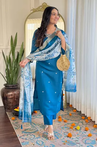 teal blue roman silk blend embroidered ethnic suit set with organza jacquard dupatta
