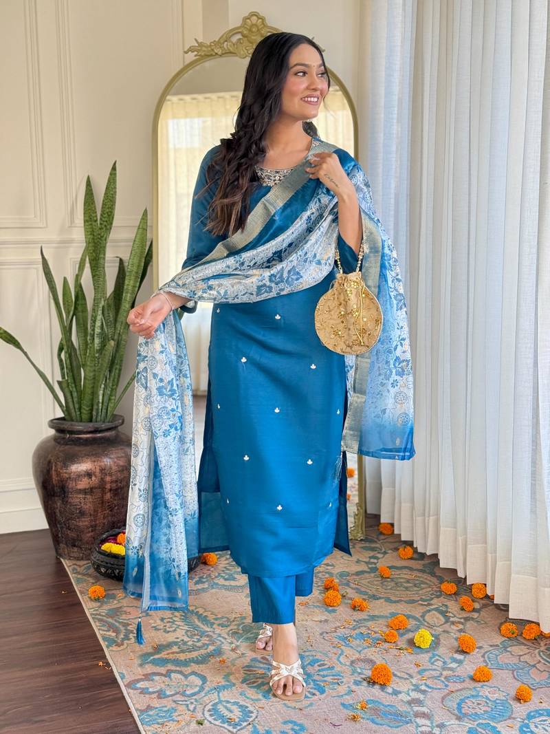 Designer teal blue roman silk embroidered ethnic suit set with organza jacquard buti dupatta