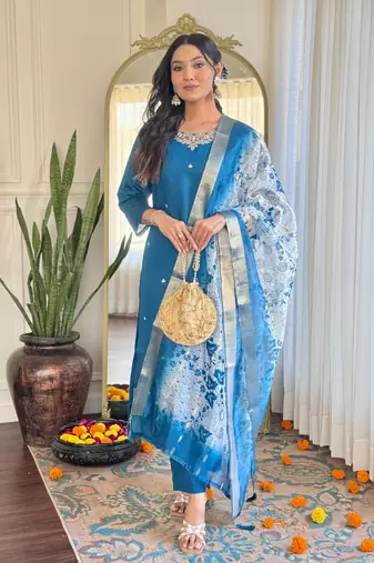 teal blue roman silk blend embroidered ethnic suit set with organza jacquard dupatta