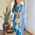 Designer teal blue roman silk embroidered ethnic suit set with organza jacquard buti dupatta
