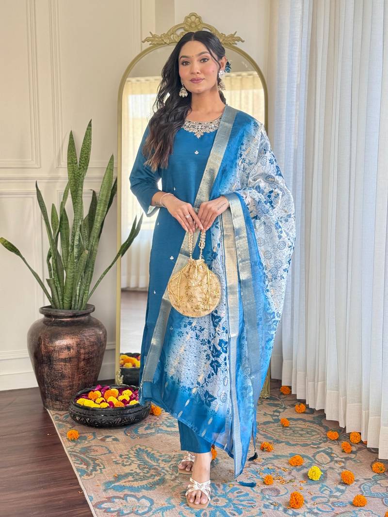 Designer teal blue roman silk embroidered ethnic suit set with organza jacquard buti dupatta