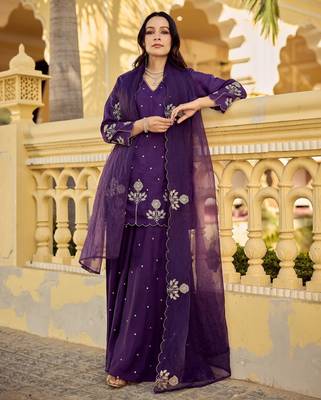 purple chanderi silk blend embroidered palazzo suit set with organza dupatta 1
