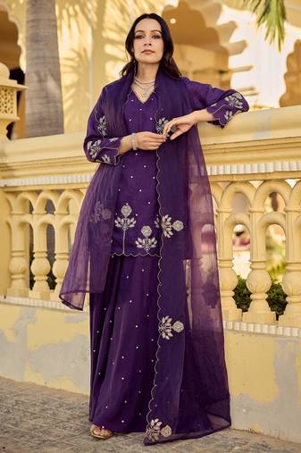 Designer deep purple chanderi silk embroidered palazzo suit set with organza dupatta for women