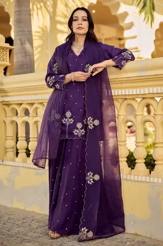 Designer deep purple chanderi silk embroidered palazzo suit set with organza dupatta for women