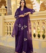 Designer deep purple chanderi silk embroidered palazzo suit set with organza dupatta for women