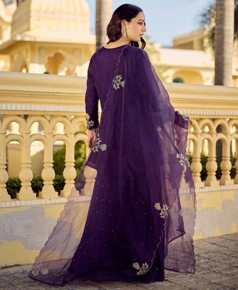 Designer deep purple chanderi silk embroidered palazzo suit set with organza dupatta for women