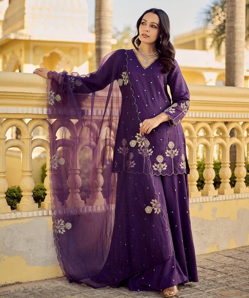 Designer deep purple chanderi silk embroidered palazzo suit set with organza dupatta for women