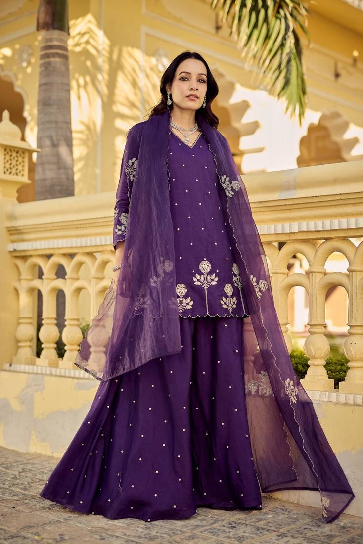 Designer deep purple chanderi silk embroidered palazzo suit set with organza dupatta for women