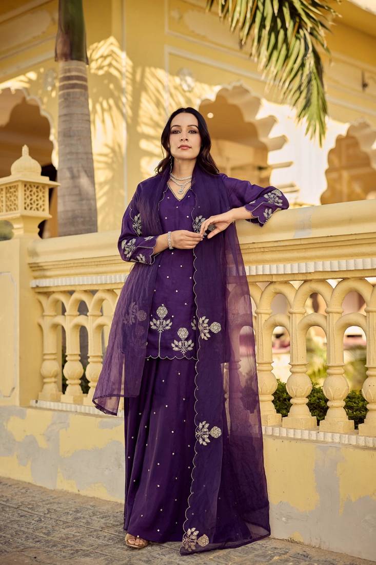 Designer deep purple chanderi silk embroidered palazzo suit set with organza dupatta for women